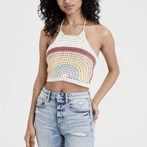 American Eagle Women's Multi-colored Crochet Rainbow Halter Top Sz Small